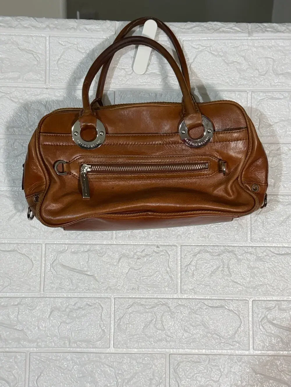 Antonio Melani Brown Satchel Handbag Double Handle Silver Tone Hardware